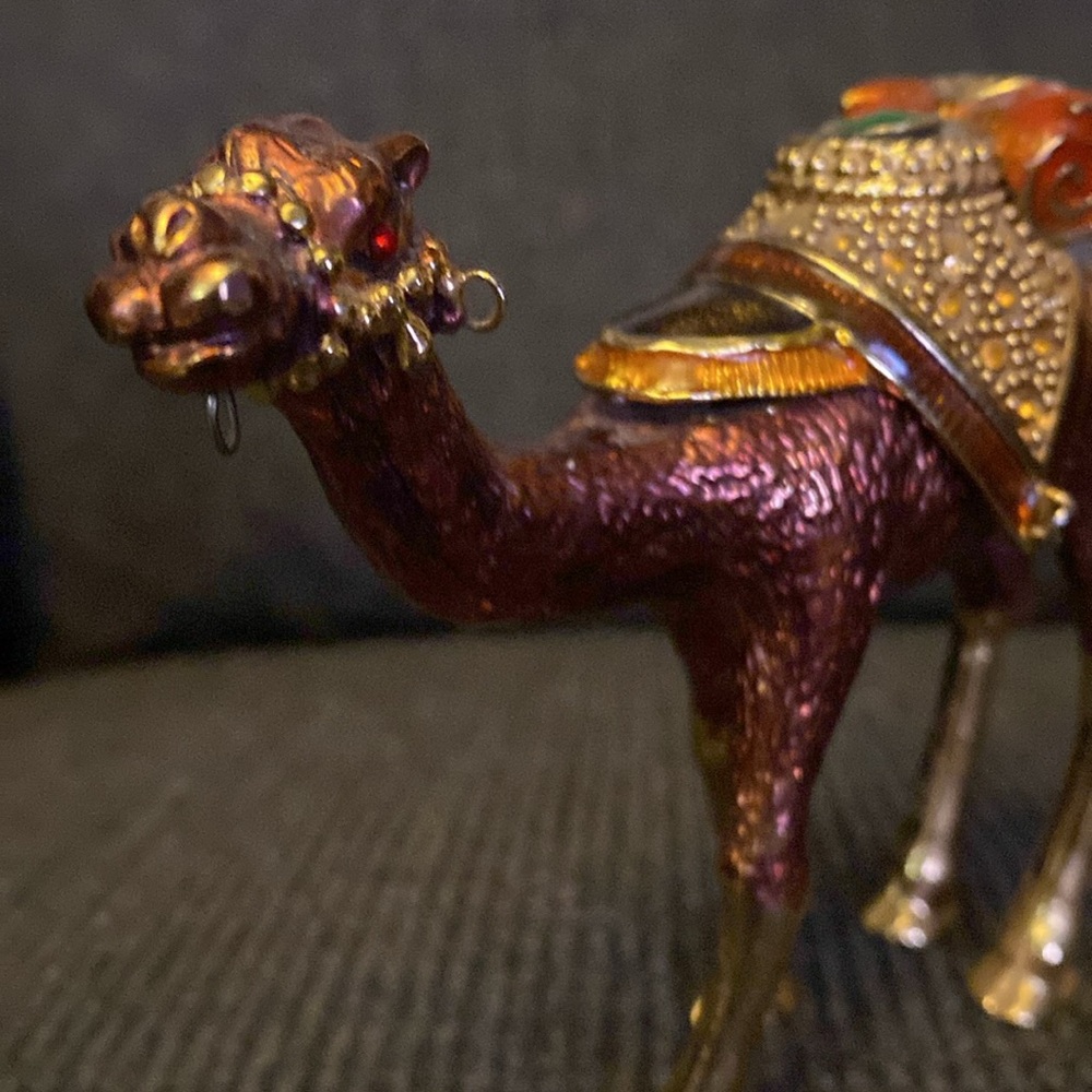 Jeweled Brown Camel Trinket Box Bright Yellow Enamel Inside Animal Lover Secret